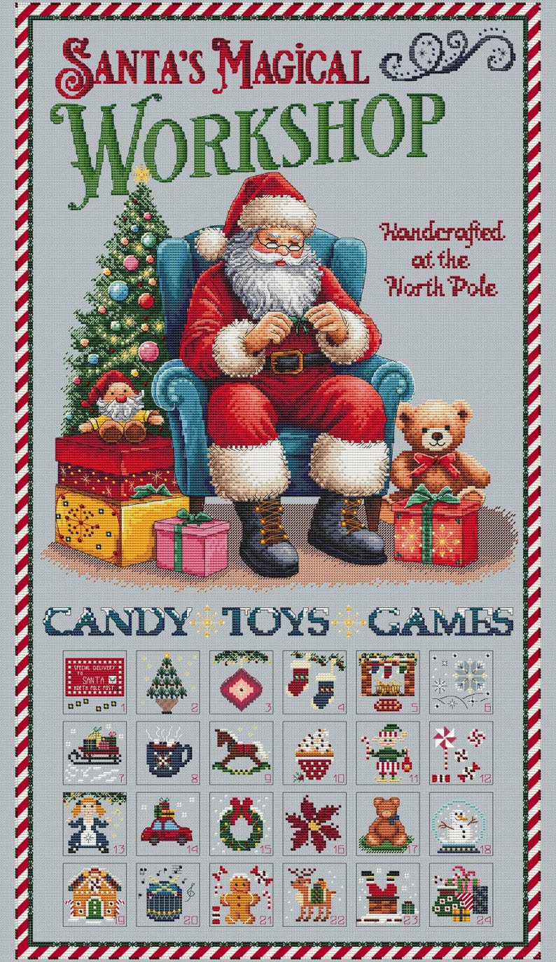 May include: A cross-stitch pattern featuring Santa Claus in his workshop, surrounded by Christmas trees, presents, and toys. The pattern includes a grid of 24 squares, each containing a different Christmas-themed image, such as a candy cane, a rocking horse, and a snowman. The text "SANTA'S MAGICAL WORKSHOP" is at the top of the pattern, and the text "CANDY TOYS GAMES" is at the bottom.