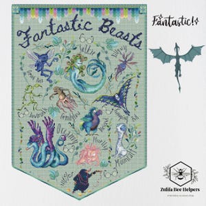 May include: A cross-stitch pattern featuring a variety of fantastical creatures, including a selkie, a grindylow, a loveland, a mooncalf, a wump, a niffler, and a murmup. The pattern is surrounded by a green border with the text "Fantastic Beasts" in a whimsical font.