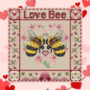 Modèle de point de croix Amour Modèle numérique de point de croix abeille Échantillon PDF Amour Grille de point de croix abeille Love Grille de broderie abeille Love