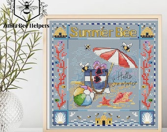 Summer Cross Stitch Pattern Sea Cross Stitch PDF Shell sampler Bee digital pattern chart cross stitch Beach cross stitch Sea PDF sampler