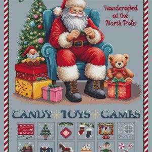 May include: Santa Claus sits in a blue armchair, wearing a red suit and white beard, holding a red and white striped candy cane. A Christmas tree with ornaments is behind him. A small elf and a teddy bear are on either side of him. The text "Santa's Magical Workshop" is at the top of the image. Below the image is a grid of 24 squares with illustrations of Christmas-themed items, including candy canes, toys, and games. The text "Candy Toys Games" is above the grid.