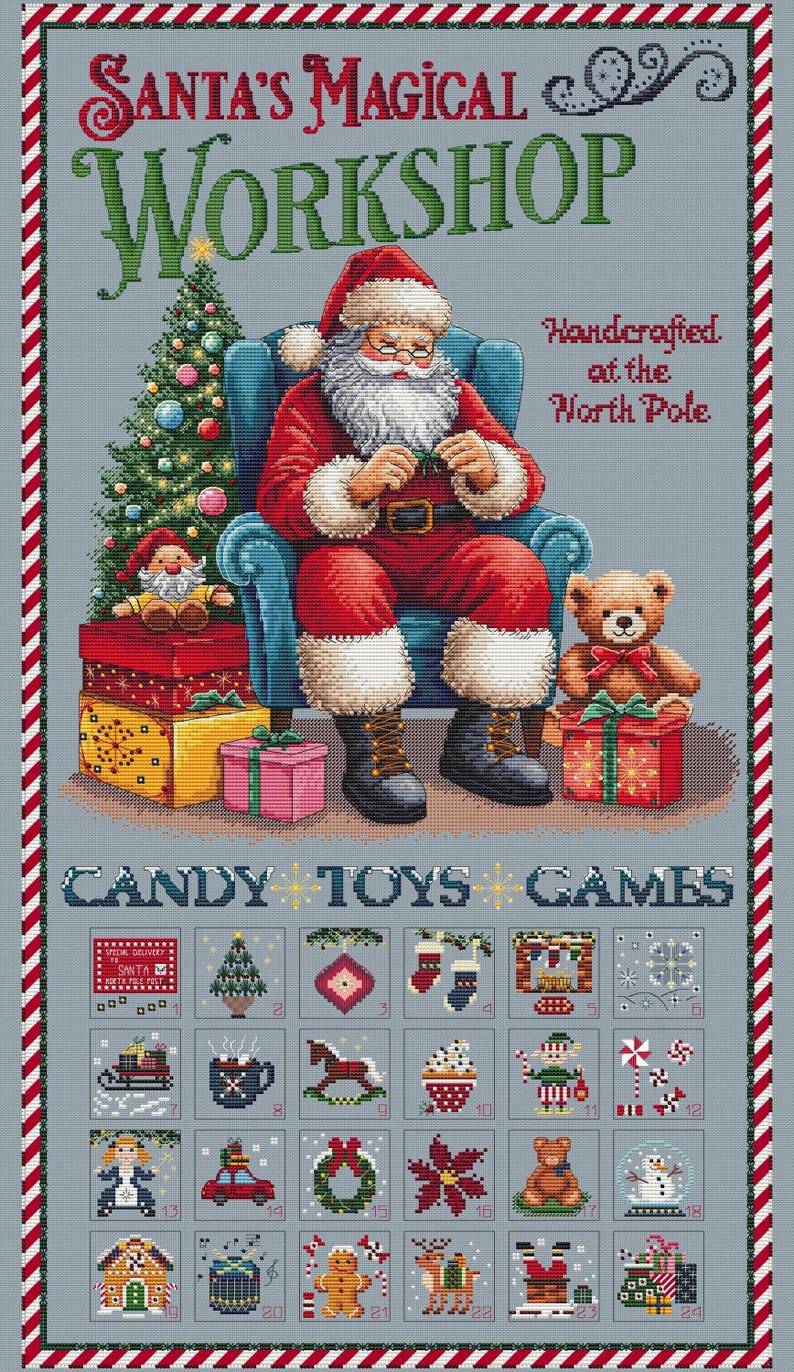 May include: Santa Claus sits in a blue armchair, wearing a red suit and white beard, holding a red and white striped candy cane. A Christmas tree with ornaments is behind him. A small elf and a teddy bear are on either side of him. The text "Santa's Magical Workshop" is at the top of the image. Below the image is a grid of 24 squares with illustrations of Christmas-themed items, including candy canes, toys, and games. The text "Candy Toys Games" is above the grid.