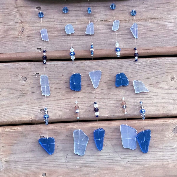 Navy and Light Blue Seaglass, Glass Beads, Windchime