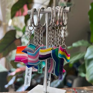 May include: A display of keychains featuring various LGBTQ+ pride flags. Each keychain has a silver ring and chain, with colorful flag designs and text like "queer joy is" and "love who you". The keychains are displayed on a white stand.