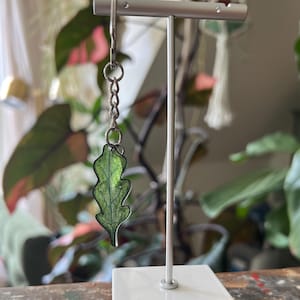 Puede incluir: Un solo pendiente con un diseño de hoja verde y contorno negro, colgado de una cadena y un gancho plateados. El pendiente se exhibe sobre un soporte blanco. El fondo muestra plantas y una superficie de madera.