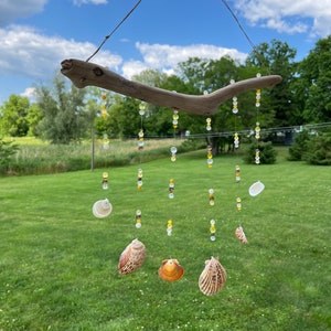 May include: A handmade wind chime with a driftwood branch, clear and yellow beads, and assorted seashells. The seashells are in shades of brown, tan, and white. The wind chime is suspended from a string, set against a green lawn and a blue sky.