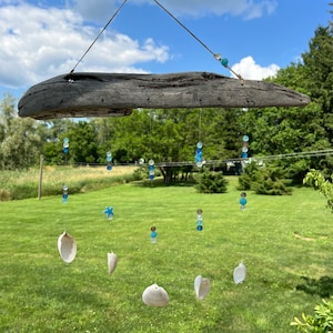 Seashell Wind Chime on Driftwood with Frosted Glass Blue Beads