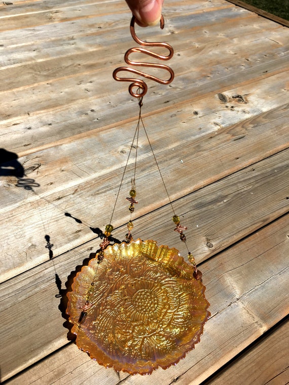 Bird Feeder Bird Bath Orange Green Glass Plate Copper Etsy
