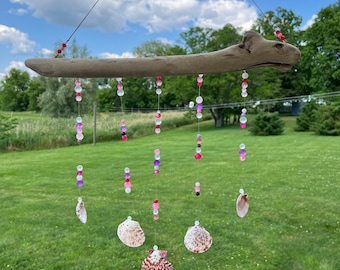 Pink Seashell Wind Chime on Driftwood