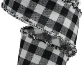FREE SHIPPING - 2.5 quot Wired Black and White Buffalo Check Plaid Ribbon with Fringe Edge - Christmas Ribbon - Winter Ribbon - 5 Yards