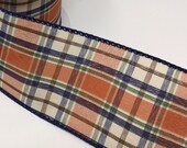 FREE SHIPPING - 50 Yards - 2.5 quot Wired Orange, Moss, Cream, and Navy Fall Plaid Ribbon
