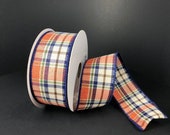 FREE SHIPPING - 10 Yards - 1.5 quot Wired Orange, Moss, Cream, and Navy Fall Plaid Ribbon