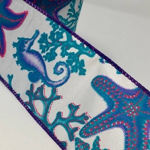 FREE SHIPPING - 10 Yards - 2.5&quot; Wired Seahorse Starfish Coral Ribbon - Beach Ribbon