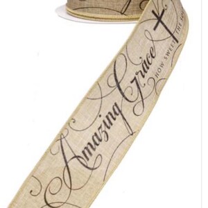 FREE SHIPPING - 10 Yards - 2.5" Wired Beige and Black Amazing Grace Ribbon - Christian Ribbon - Religious Ribbon