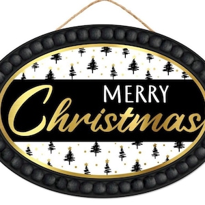 Gold and Black Oval Merry Christmas Wreath Sign
