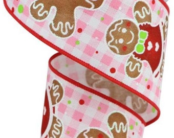 FREE SHIPPING - 10 Yards - 2.5" Wired Pink and White Check Gingerbread Christmas Ribbon