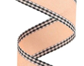 FREE SHIPPING - 10 Yards - 1.5" Wired Peach Ribbon with Black and White Check Edge - Everyday Ribbon - Spring Ribbon