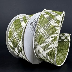 10 Yards - 2.5 Wired Olive Green and Cream Cross Check Ribbon