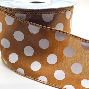 FREE SHIPPING- 10 Yards - 2.5&quot; White Polka Dots on Copper Satin Ribbon