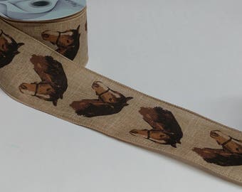 10 Yards - 2.5" Wired Natural Background Horse Ribbon - Equine Ribbon