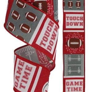 FREE SHIPPING - 10 Yards - 2.5&quot; Wired Red, White and Gray Football Ribbon