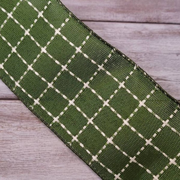 FREE SHIPPING - 10 Yards - 2.5" Wired Olive Green and Cream Check Ribbon - Fall Ribbon