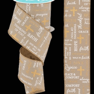 FREE SHIPPING - 10 Yards - 2.5" Wired Taupe Background Beteavement Ribbon with Gold Accent - Christian Ribbon