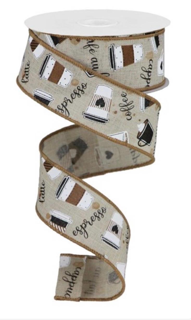 FREE SHIPPING - 10 Yards - 1.5" Wired Coffee Cups on Faux Natural Royal Ribbon