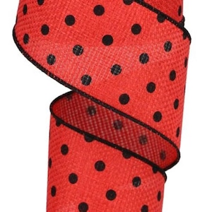 FREE SHIPPING - 10 Yards - 2.5&quot; Wired Red with Black Polka Dots Ribbon