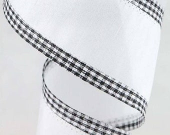 FREE SHIPPING - 10 Yards - 2.5" Wired White Ribbon with Black and White Check Edge - Everyday Ribbon - Spring Ribbon