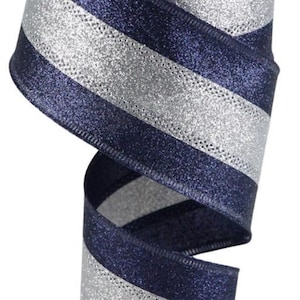 FREE SHIPPING - 10 Yards - 2.5&quot; Wired Navy Blue and Silver Glitter Ribbon - Cowboys Inspired Ribbon