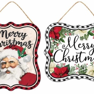2 Piece Christmas Tin Signs - Merry Christmas Sign - Poinsettia Wreath Sign - Santa Wreath Sign- 7”x6”