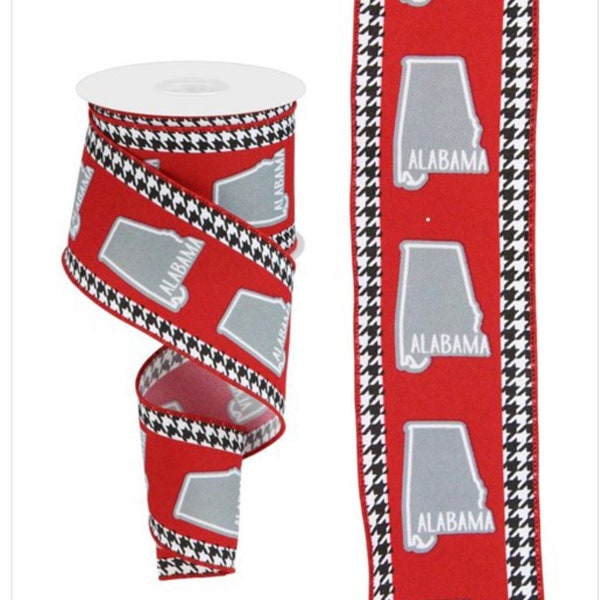 FREE SHIPPING - Wired 2.5" Red and Black Houndstooth Edge Alabama Roll Tide Ribbon - Bama Ribbon - Roll Tide Ribbon - 10 Yards