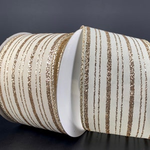 FREE SHIPPING - 10 Yards - 2.5" Wired Champagne and Gold Glitter Stripe Ribbon - Christmas Ribbon