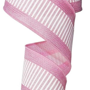 FREE SHIPPING - 10 Yards - 2.5&quot; Wired Pink and White Stripe Ribbon with Pink Edging - Spring Ribbon