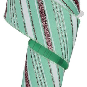 Wired Mint Green, White, and Silver Glitter Swirl Stripe Ribbon - Christmas Ribbon - Winter Ribbon-2.5”x10 Yards