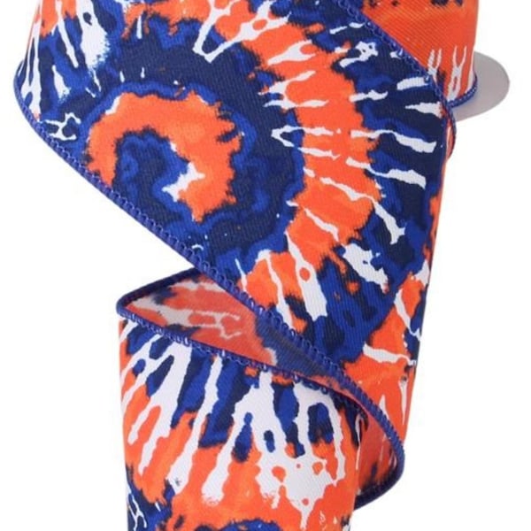 FREE SHIPPING - 10 Yards - 2.5" Wired Blue, Orange, and White Tie Dye Ribbon - Florida Gators Inspired Ribbon