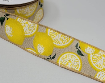 10 Yards - 1.5" Wired Natural Linen Lemon Ribbon - Summer Ribbon