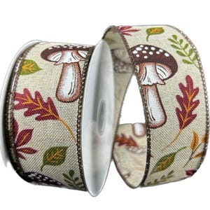 Wired Natural Linen Earthy Fall  Mushrooms Ribbon- 1.5”x10 Yards
