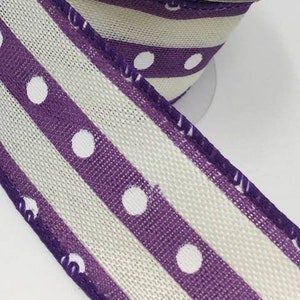 FREE SHIPPING - 10 Yards - 1.5&quot; Wired Cream Ribbon with Purple Dotted Stripes