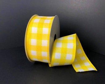 FREE SHIPPING - 10 Yards - 1.5" Wired Yellow and White Check Ribbon - Spring Ribbon