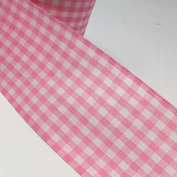 FREE SHIPPING - 10 Yards - 2.5" Wired Pink and White Gingham Check Ribbon - Spring Ribbon - Summer Ribbon - Baby Girl Ribbon