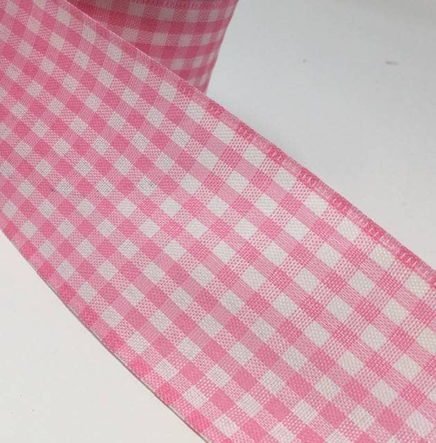 Gingham Check Ribbon in light baby pink and white on 1.5 White grosgrain