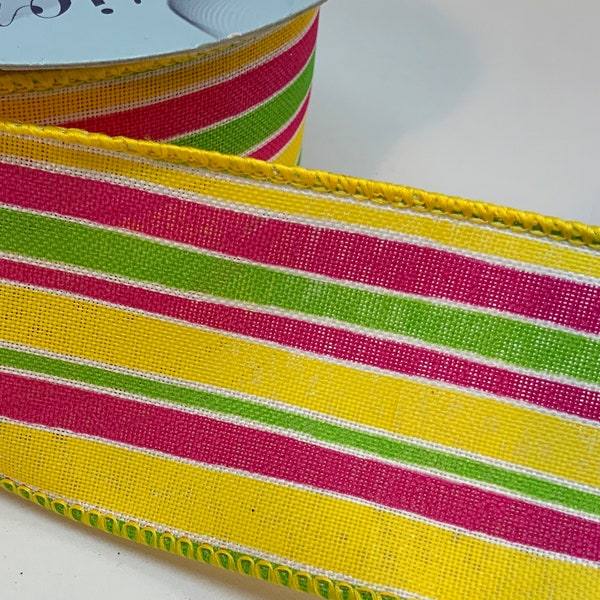 FREE SHIPPING- 10 Yards - 2.5" Wired Hot Pink, Lime, Yellow and White  Ribbon on Linen, Everyday Ribbon, Quality Bow Ribbon