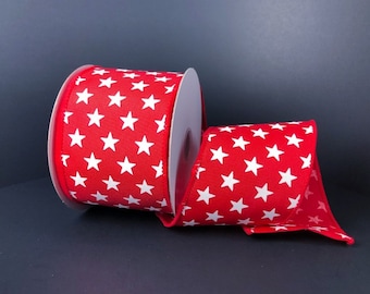 10 Yards - 2.5" Wired Red with White Stars Patriotic Ribbon - July 4th Ribbon