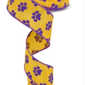 FREE SHIPPING - 10 Yards - 1.5" Wired Yellow and Purple Paw Print Ribbon -  LSU Inspired Ribbon