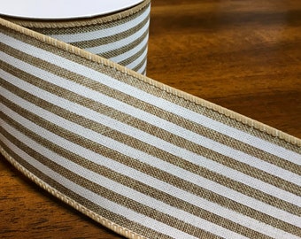 50 Yards - 2.5" Natural with White Stripes Ribbon - Everyday Ribbon