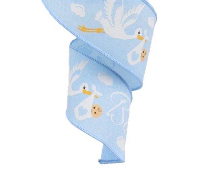 FREE SHIPPING 10 Yards 2.5 Wired Blue Stork Baby Ribbon Baby Boy Ribbon Gender Reveal Party