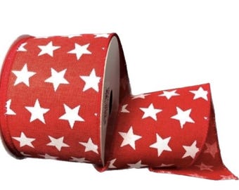 10 Yards - 2.5" Wired Red with White Stars Patriotic Ribbon - July 4th Ribbon