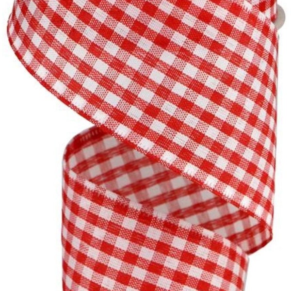 FREE SHIPPING - 10 Yards - 2.5" Wired Red and White Gingham Check Ribbon